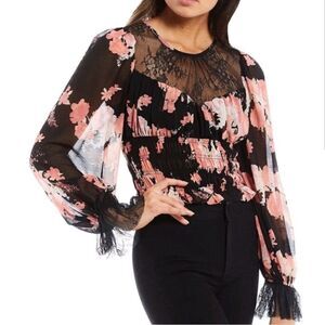 Free people whimsigoth black floral lace keyhole sheer top nwt large witchy